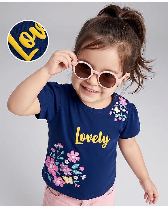 Babyhug 100% Cotton Knit Half Sleeves Floral Printed T-Shirt - Navy Blue