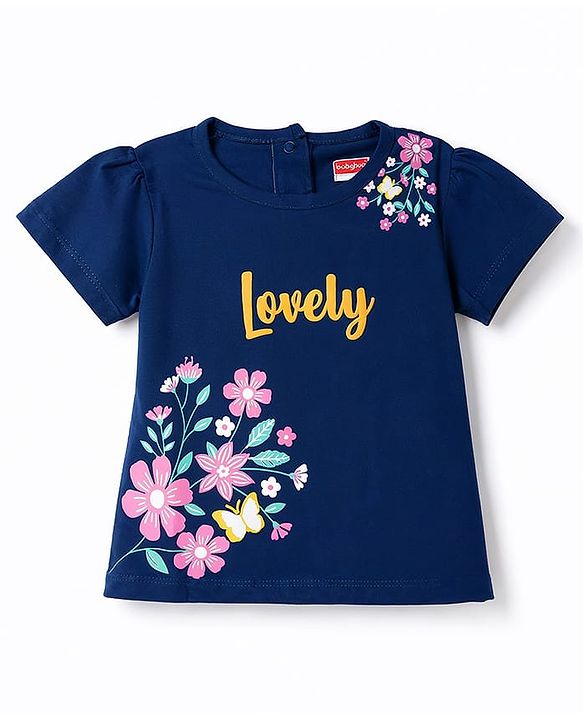 Babyhug 100% Cotton Knit Half Sleeves Floral Printed T-Shirt - Navy Blue