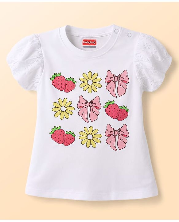 Babyhug Cotton Knit Half Sleeves T-Shirt with Schiffli Detailing & Floral Print - Multicolor