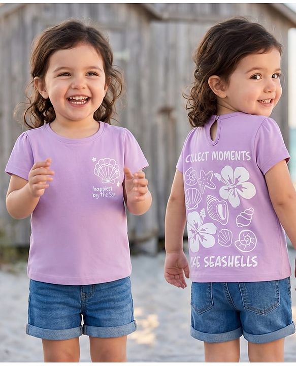 Babyhug 100% Cotton Knit Half Sleeves Floral & Sea Life Printed Oversized T-Shirt - Purple