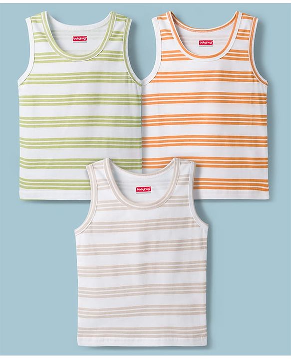 Babyhug 100% Cotton Knit Sleeveless Striped Sando Vests Pack of 3 - Multicolor