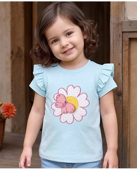 Babyhug 100% Cotton Knit Half Sleeves T-Shirt with Floral & Butterfly Applique - Sky Blue