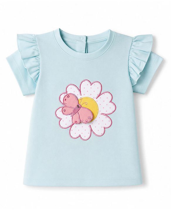 Babyhug 100% Cotton Knit Half Sleeves T-Shirt with Floral & Butterfly Applique - Sky Blue