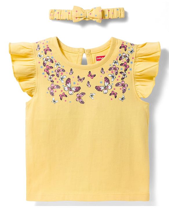 Babyhug Cotton Knit Frill Sleeves T-Shirt With Butterfly Print & Headband - Yellow