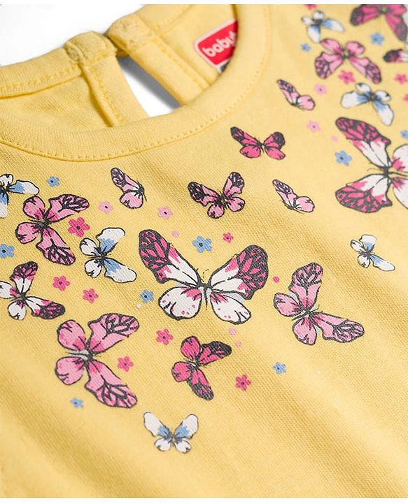 Babyhug Cotton Knit Frill Sleeves T-Shirt With Butterfly Print & Headband - Yellow