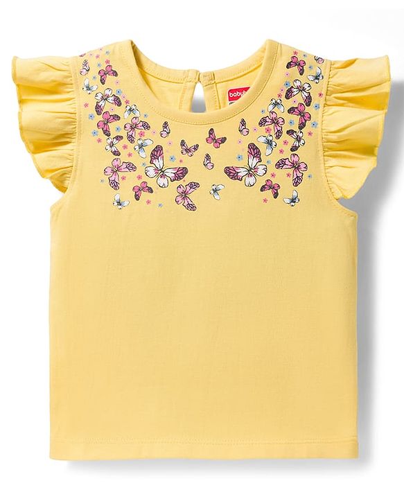 Babyhug Cotton Knit Frill Sleeves T-Shirt With Butterfly Print & Headband - Yellow