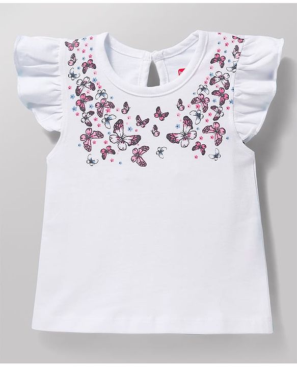 Babyhug Cotton Knit Frill Sleeves T-Shirt with Headband & Butterfly Print - White