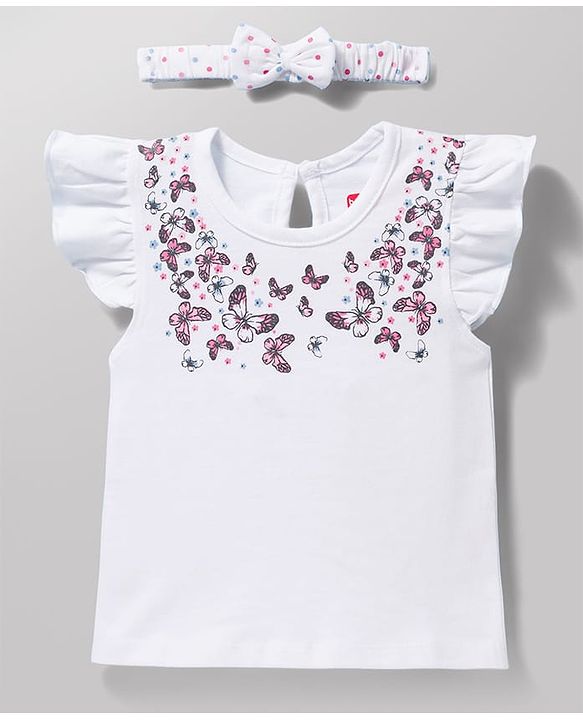 Babyhug Cotton Knit Frill Sleeves T-Shirt with Headband & Butterfly Print - White
