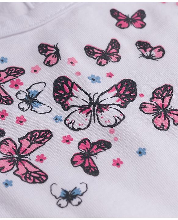 Babyhug Cotton Knit Frill Sleeves T-Shirt with Headband & Butterfly Print - White