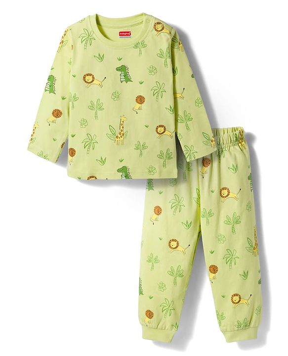 Babyhug Cotton Knit Full Sleeves Jungle Theme Printed Co-Ords T-Shirt & Pyjama Night Suit - Light Green