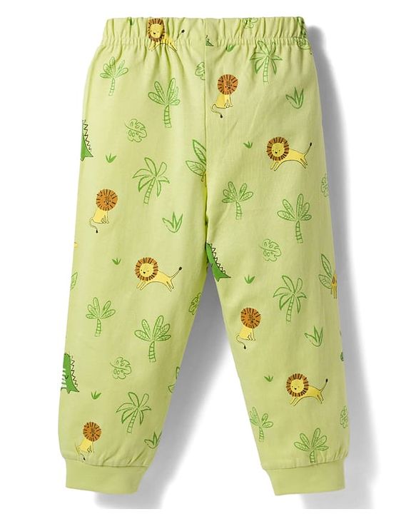 Babyhug Cotton Knit Full Sleeves Jungle Theme Printed Co-Ords T-Shirt & Pyjama Night Suit - Light Green