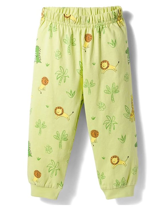 Babyhug Cotton Knit Full Sleeves Jungle Theme Printed Co-Ords T-Shirt & Pyjama Night Suit - Light Green