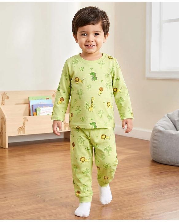Babyhug Cotton Knit Full Sleeves Jungle Theme Printed Co-Ords T-Shirt & Pyjama Night Suit - Light Green