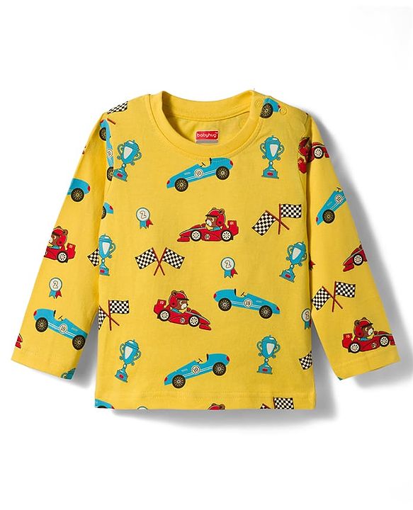 Babyhug Cotton Knit Full Sleeves Racing Theme Printed Co-Ord  T-Shirt & Pyjama Night Suit - Yellow