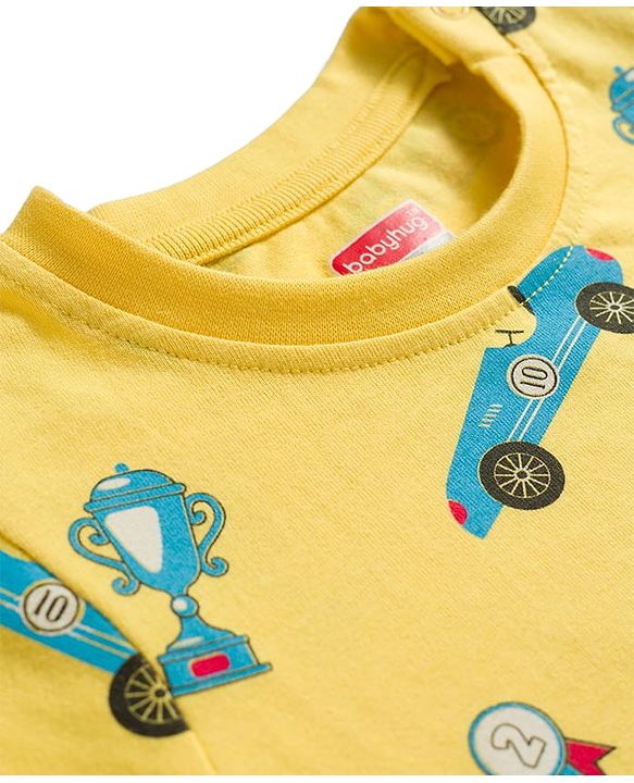 Babyhug Cotton Knit Full Sleeves Racing Theme Printed Co-Ord  T-Shirt & Pyjama Night Suit - Yellow
