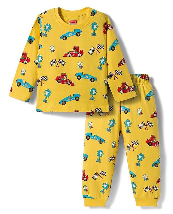 Babyhug Cotton Knit Full Sleeves Racing Theme Printed Co-Ord  T-Shirt & Pyjama Night Suit - Yellow