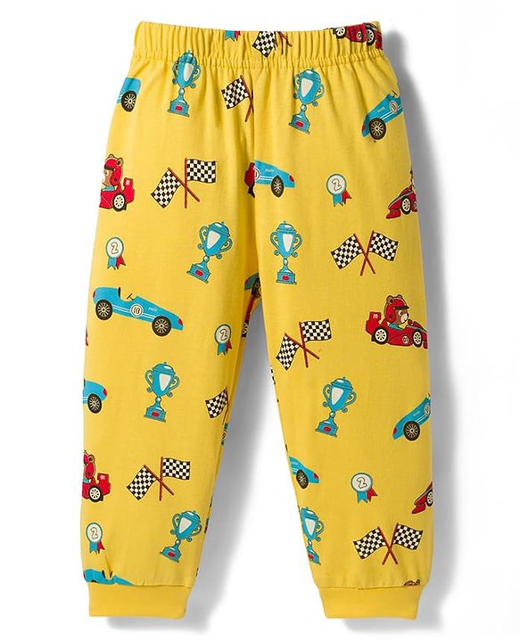 Babyhug Cotton Knit Full Sleeves Racing Theme Printed Co-Ord  T-Shirt & Pyjama Night Suit - Yellow
