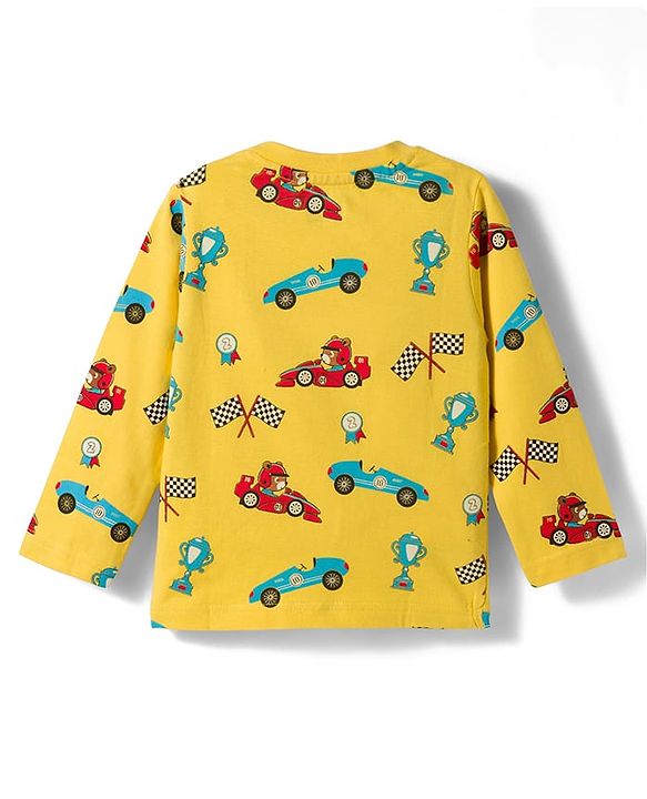 Babyhug Cotton Knit Full Sleeves Racing Theme Printed Co-Ord  T-Shirt & Pyjama Night Suit - Yellow