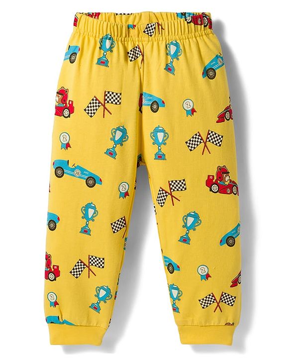 Babyhug Cotton Knit Full Sleeves Racing Theme Printed Co-Ord  T-Shirt & Pyjama Night Suit - Yellow