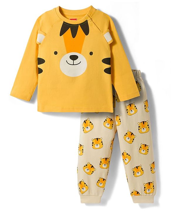 Babyhug Cotton Knit Full Raglan Sleeves Tiger Printed T-Shirt & Pyjama Night Suit with Applique- Yellow