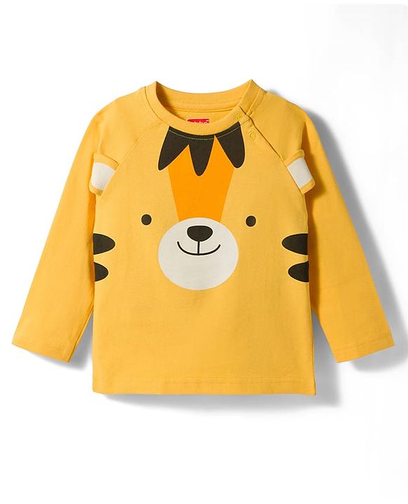 Babyhug Cotton Knit Full Raglan Sleeves Tiger Printed T-Shirt & Pyjama Night Suit with Applique- Yellow