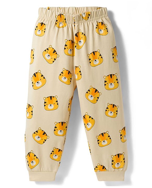 Babyhug Cotton Knit Full Raglan Sleeves Tiger Printed T-Shirt & Pyjama Night Suit with Applique- Yellow