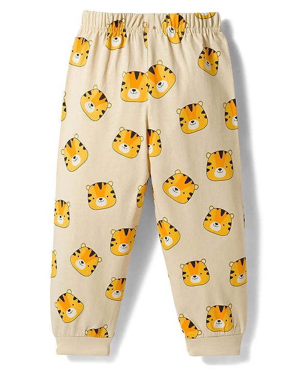 Babyhug Cotton Knit Full Raglan Sleeves Tiger Printed T-Shirt & Pyjama Night Suit with Applique- Yellow