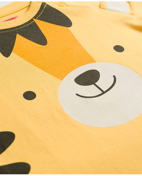 Babyhug Cotton Knit Full Raglan Sleeves Tiger Printed T-Shirt & Pyjama Night Suit with Applique- Yellow