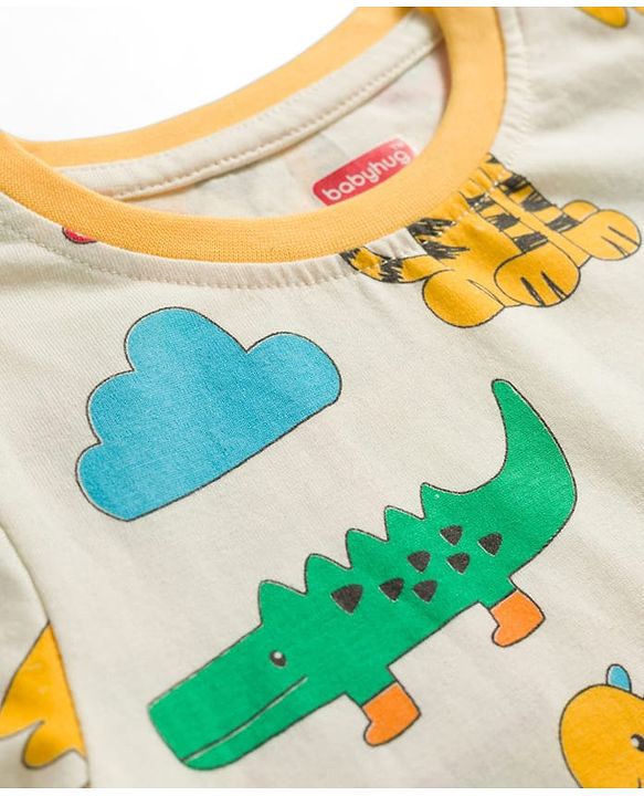 Babyhug Cotton Knit Full Sleeves T-Shirt & Pyjama Co-ord Night Suit with Animal Print - White