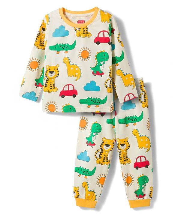 Babyhug Cotton Knit Full Sleeves T-Shirt & Pyjama Co-ord Night Suit with Animal Print - White
