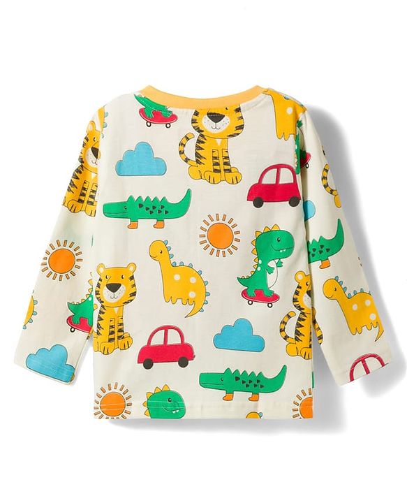 Babyhug Cotton Knit Full Sleeves T-Shirt & Pyjama Co-ord Night Suit with Animal Print - White