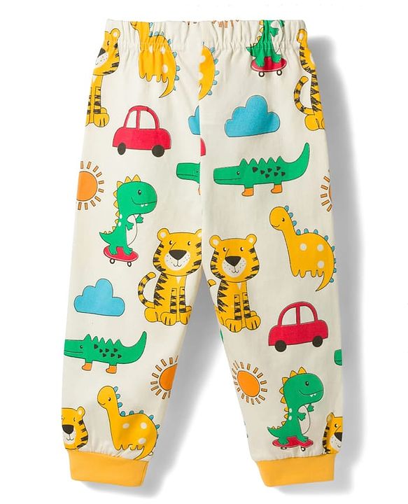 Babyhug Cotton Knit Full Sleeves T-Shirt & Pyjama Co-ord Night Suit with Animal Print - White