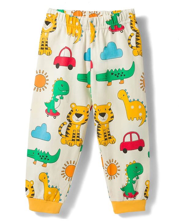 Babyhug Cotton Knit Full Sleeves T-Shirt & Pyjama Co-ord Night Suit with Animal Print - White