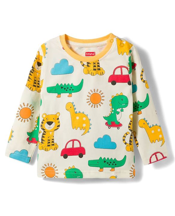 Babyhug Cotton Knit Full Sleeves T-Shirt & Pyjama Co-ord Night Suit with Animal Print - White