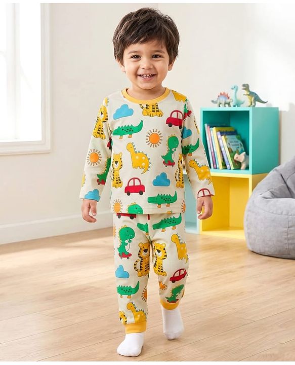 Babyhug Cotton Knit Full Sleeves T-Shirt & Pyjama Co-ord Night Suit with Animal Print - White