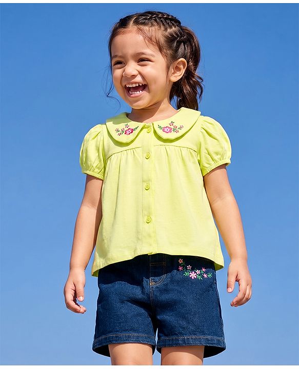 Babyhug Single Jersey Knit Peter Pan Collar Half Sleeves Top & Shorts Set with Floral Embroidery - Limegreen & Navy Blue