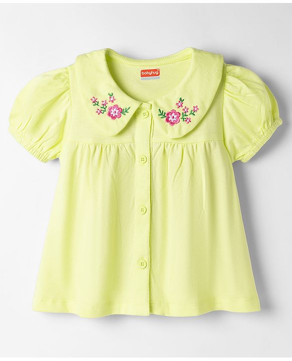 Babyhug Single Jersey Knit Peter Pan Collar Half Sleeves Top & Shorts Set with Floral Embroidery - Limegreen & Navy Blue
