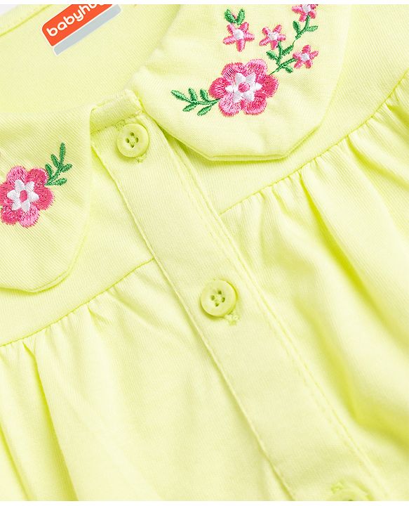 Babyhug Single Jersey Knit Peter Pan Collar Half Sleeves Top & Shorts Set with Floral Embroidery - Limegreen & Navy Blue