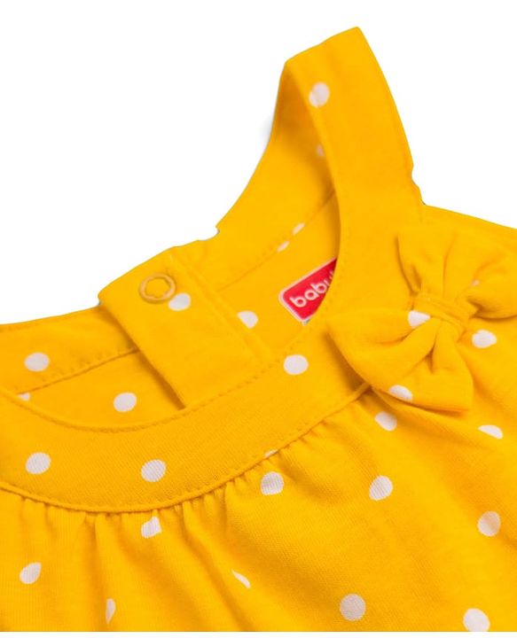 Babyhug Single Jersey Knit Sleeveless Layered Top & Denim Shorts Set with Bow Applique & Polka Dot Print - Yellow & White