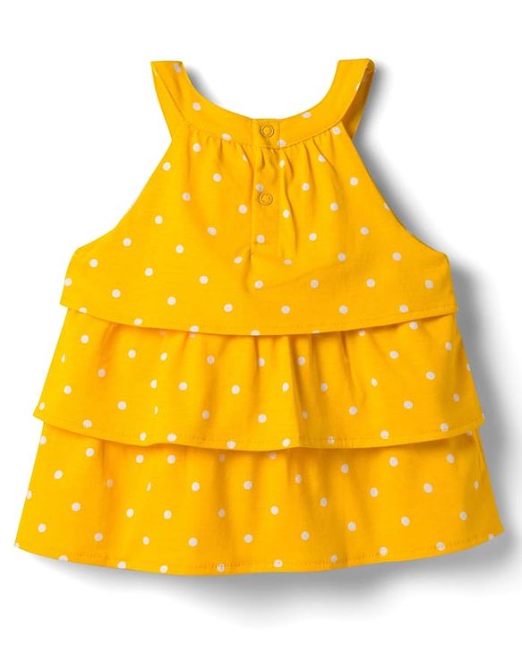 Babyhug Single Jersey Knit Sleeveless Layered Top & Denim Shorts Set with Bow Applique & Polka Dot Print - Yellow & White