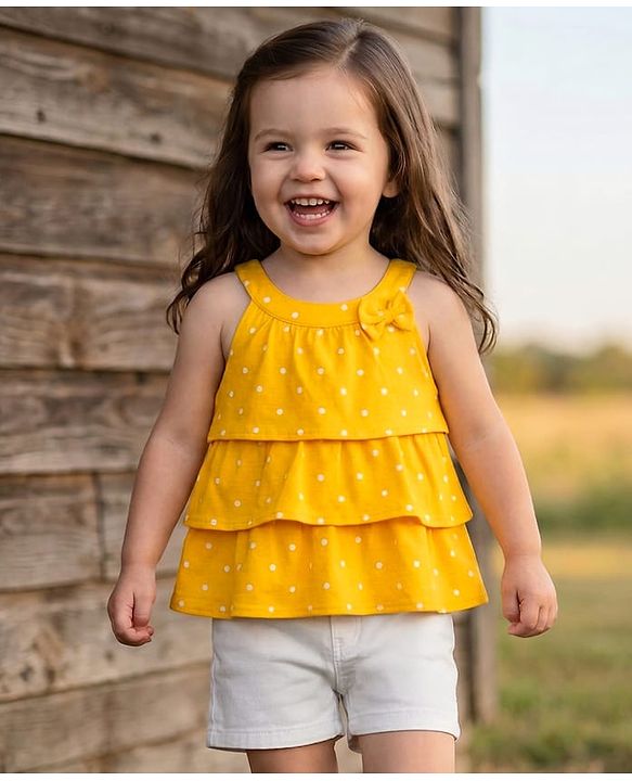 Babyhug Single Jersey Knit Sleeveless Layered Top & Denim Shorts Set with Bow Applique & Polka Dot Print - Yellow & White