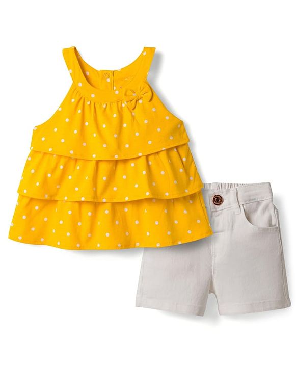 Babyhug Single Jersey Knit Sleeveless Layered Top & Denim Shorts Set with Bow Applique & Polka Dot Print - Yellow & White