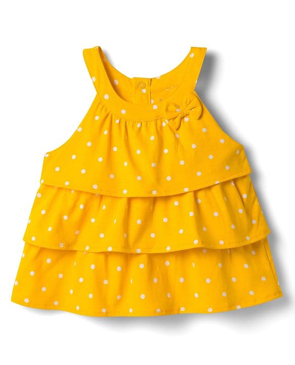 Babyhug Single Jersey Knit Sleeveless Layered Top & Denim Shorts Set with Bow Applique & Polka Dot Print - Yellow & White