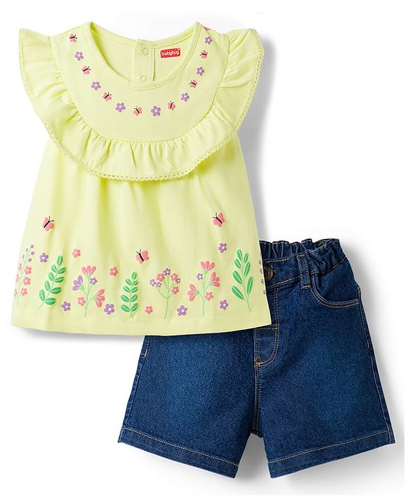 Babyhug Single Jersey Knit Sleeveless Top & Denim Shorts Set with Floral Print - Yellow & Blue