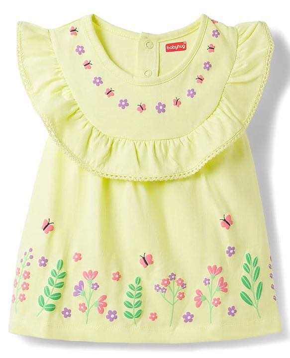 Babyhug Single Jersey Knit Sleeveless Top & Denim Shorts Set with Floral Print - Yellow & Blue