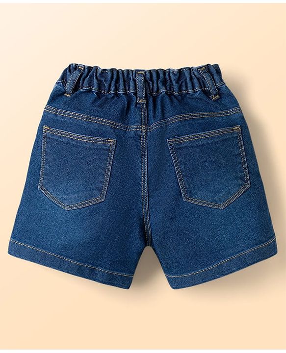 Babyhug Single Jersey Knit Half Sleeves Top & Denim Shorts Set with Floral Embroidery - White & Blue