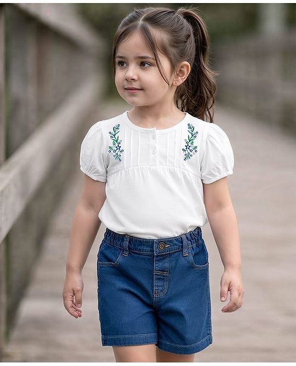 Babyhug Single Jersey Knit Half Sleeves Top & Denim Shorts Set with Floral Embroidery - White & Blue