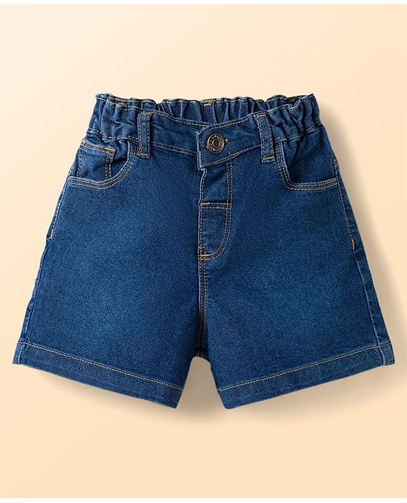 Babyhug Single Jersey Knit Half Sleeves Top & Denim Shorts Set with Floral Embroidery - White & Blue