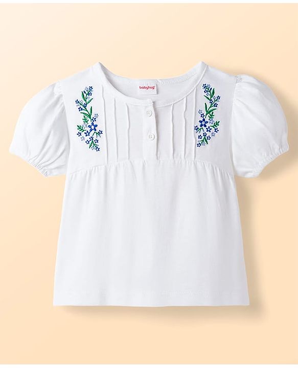 Babyhug Single Jersey Knit Half Sleeves Top & Denim Shorts Set with Floral Embroidery - White & Blue