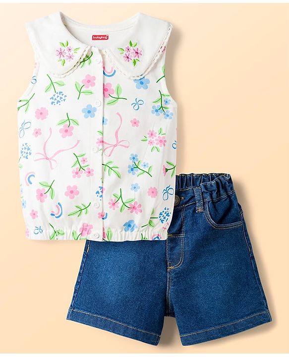 Babyhug Single Jersey Knit Sleeveless Top & Denim Shorts Set with Floral Print - Multicolor